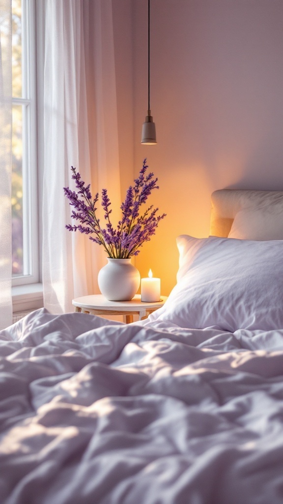 A cozy lavender bedroom featuring soft lighting from a pendant lamp and candle, complemented by a vase of lavender flowers.