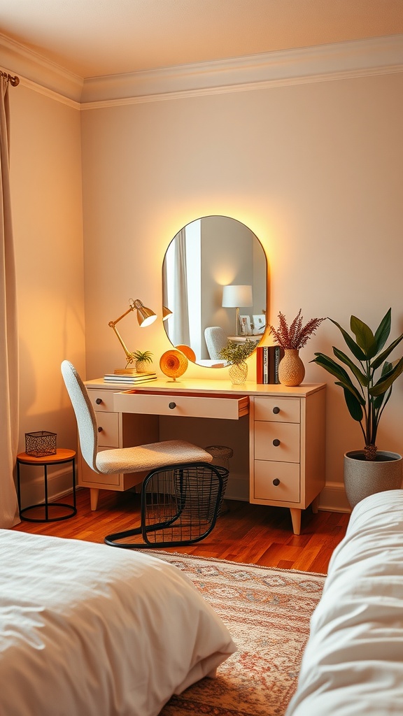 A cozy bedroom with a desk and vanity setup, featuring warm lighting and a touch of greenery.