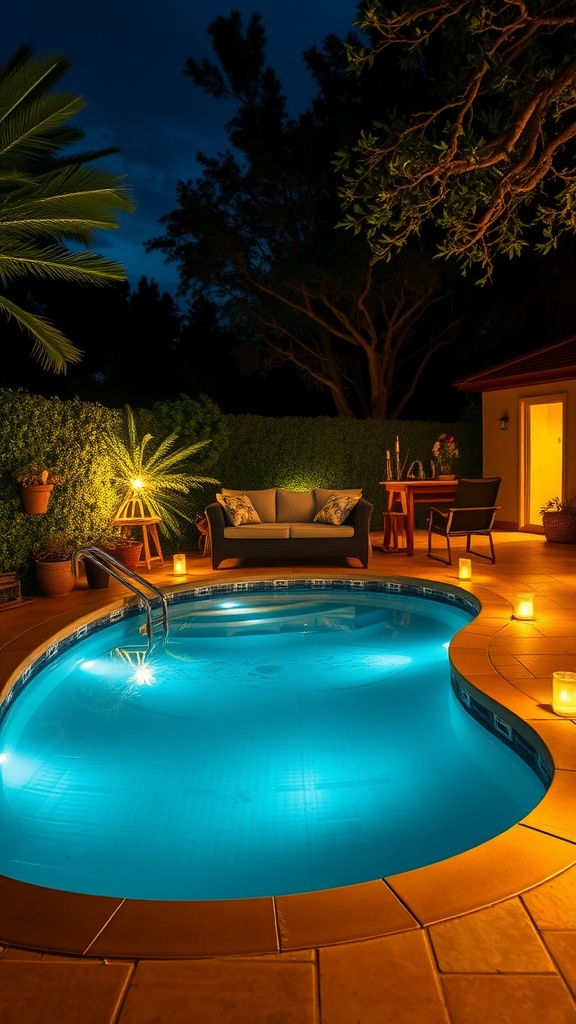 A small backyard pool illuminated at night with blue lights and soft candles surrounding the area.