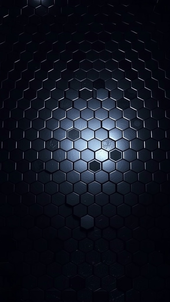 Close-up of a black hexagon tile bathroom floor with reflections.
