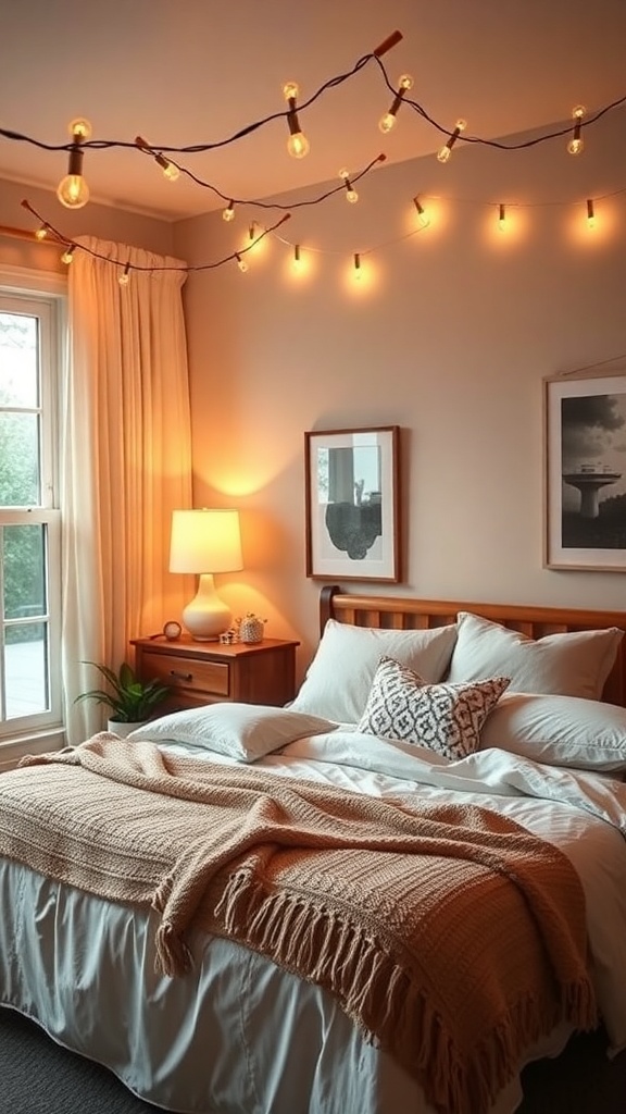 Cozy bedroom with string lights and a bedside lamp