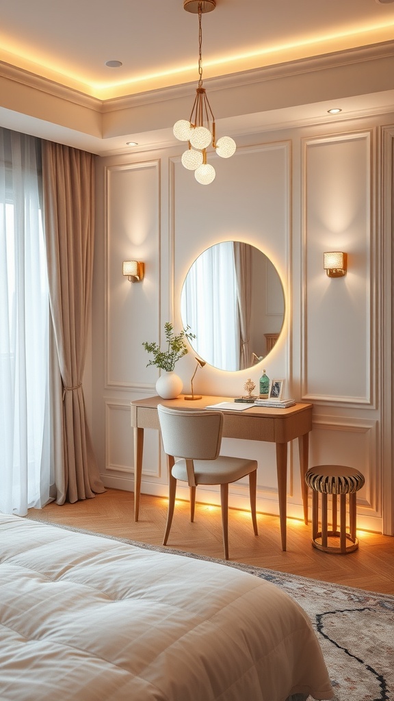 A stylish bedroom featuring a vanity and desk combo with warm lighting.
