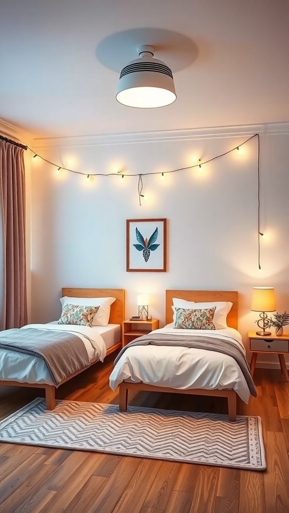 A shared bedroom with two twin beds, warm lighting, and decorative elements.