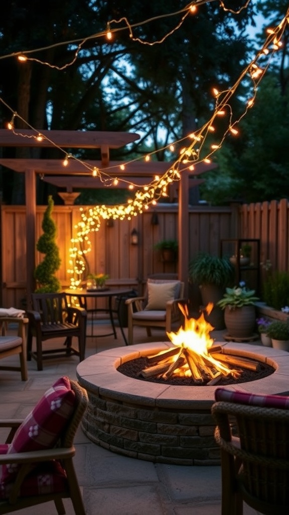 Backyard fire pit with string lights and cozy seating
