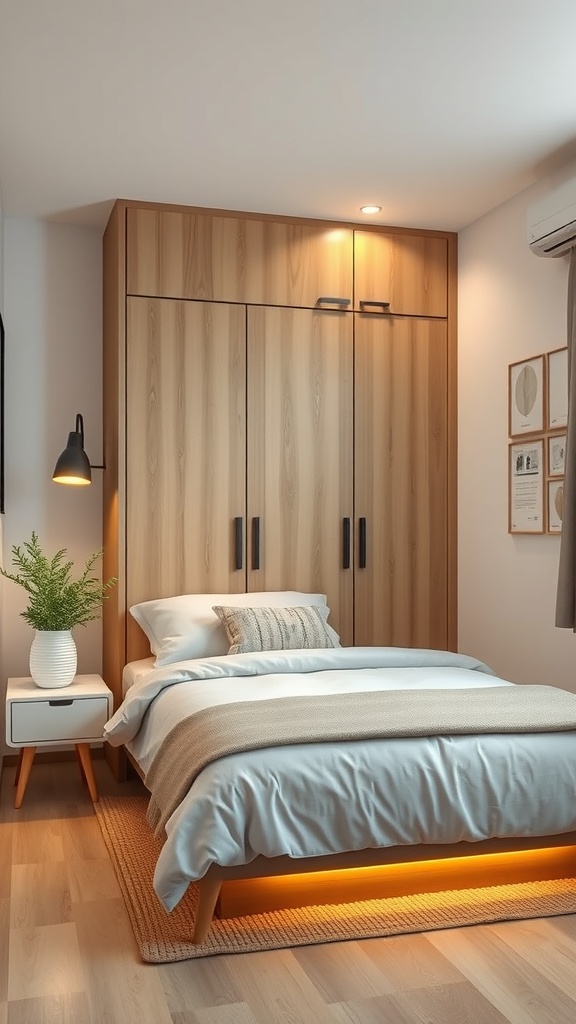 A small bedroom featuring a wooden wardrobe, a cozy bed with a soft blanket, and stylish lighting solutions.