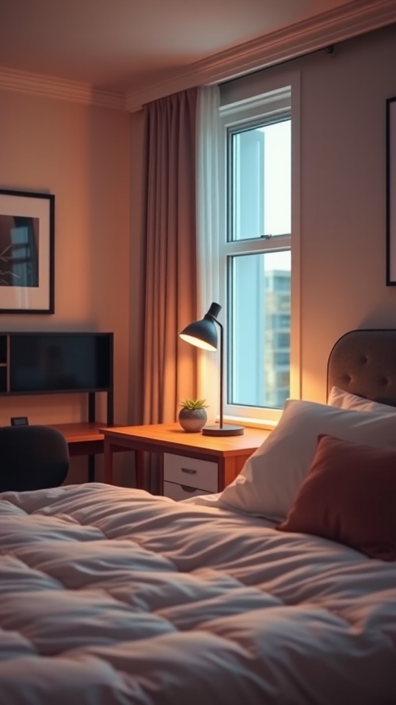 A cozy bedroom office setup featuring a stylish desk lamp, a wooden bedside table with a plant, and a neatly made bed.