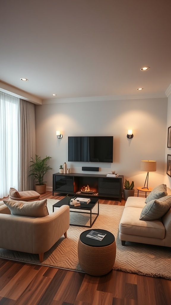 Cozy living room with a TV, soft lighting, and comfortable seating