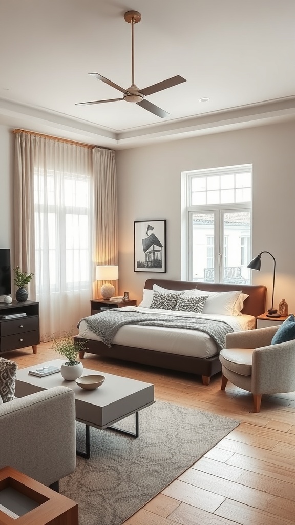 Cozy living room with a bed, chair, and natural light from large windows