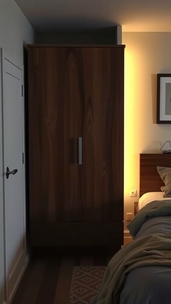Small bedroom featuring a wardrobe and warm lighting
