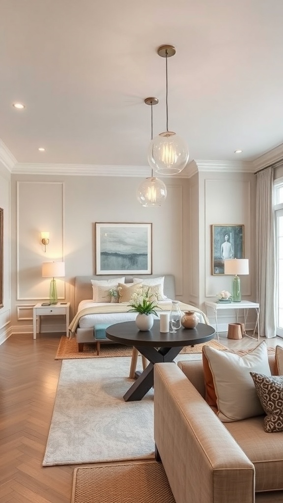 A stylish living room and dining room combo featuring modern lighting fixtures.