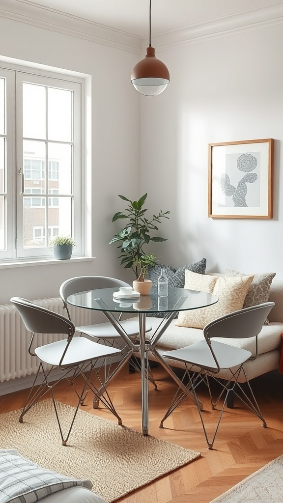 A small dining area featuring a glass table and modern chairs, surrounded by cozy decor.