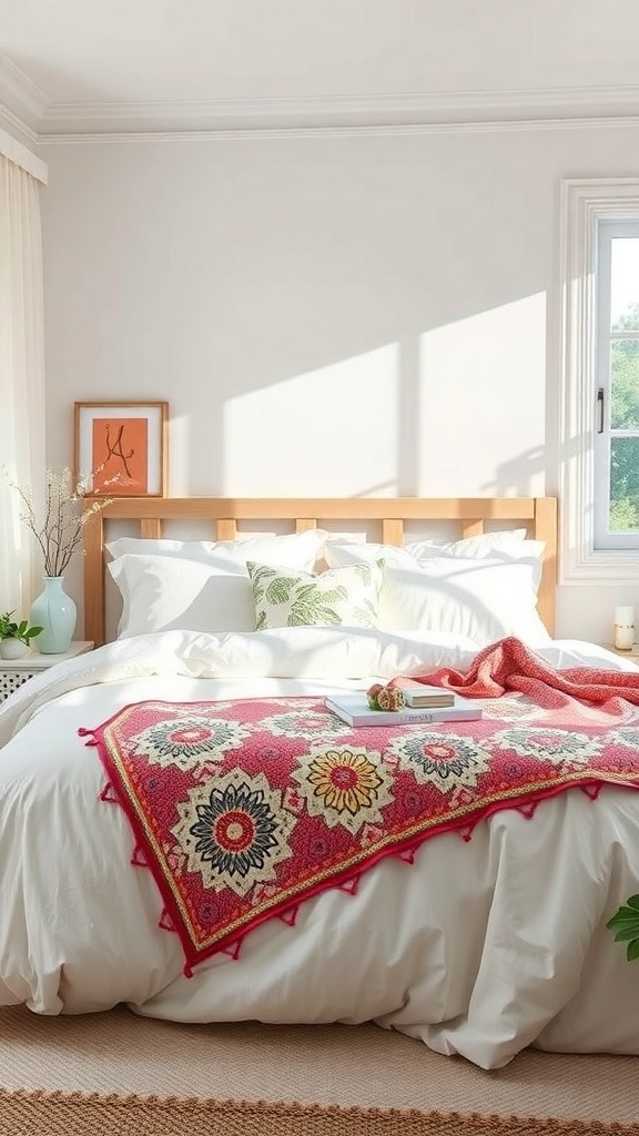 A cozy summer bedroom featuring lightweight bedding with a colorful throw and decorative pillows.