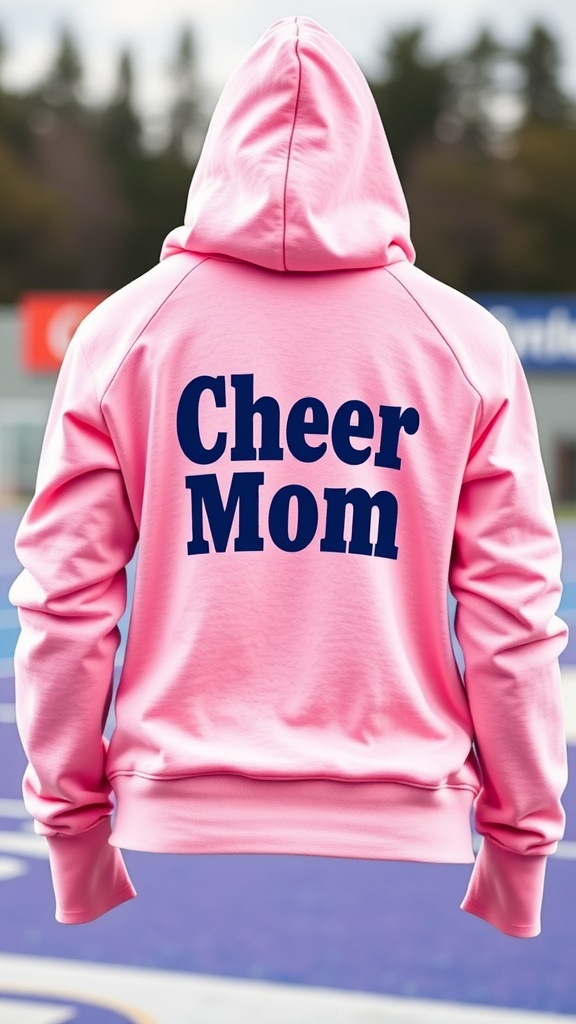 A pink hoodie with 'Cheer Mom' printed on the back