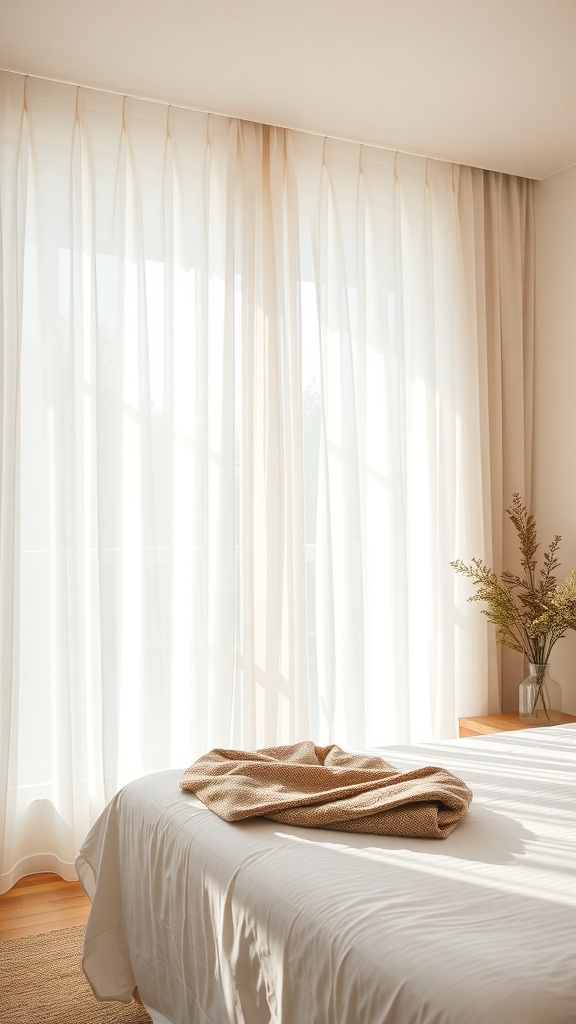 A bright bedroom with lightweight sheer curtains, a neatly made bed, and a small vase of greenery on a wooden nightstand.