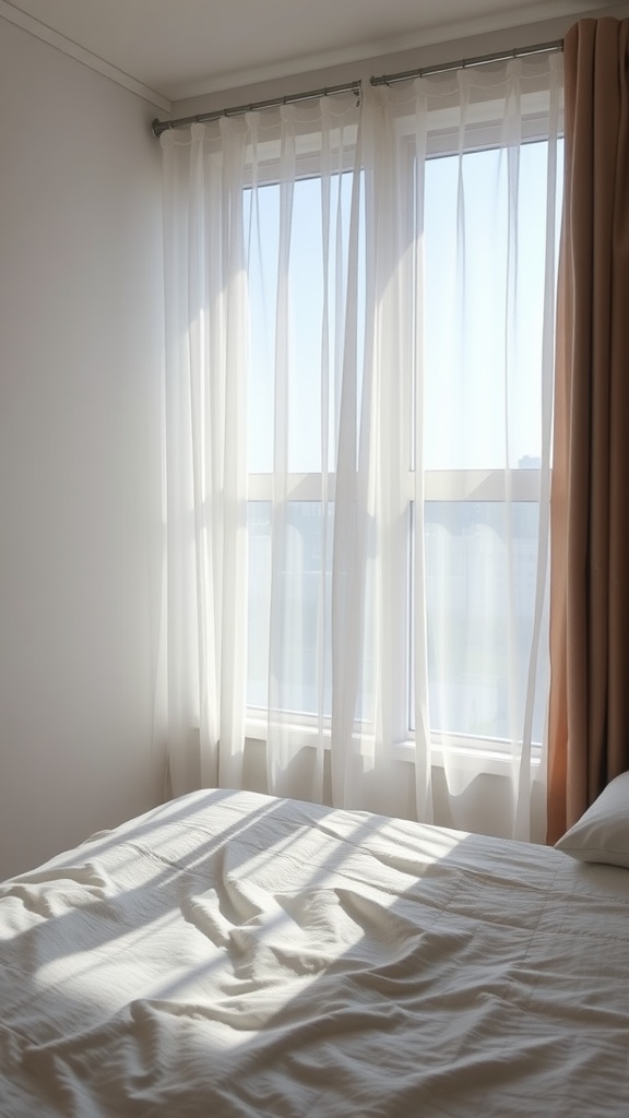 A cozy bedroom with sheer lightweight curtains allowing natural light to fill the space