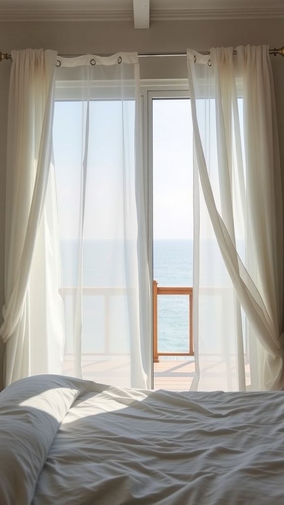 A cozy bedroom with sheer curtains and a view of the ocean.