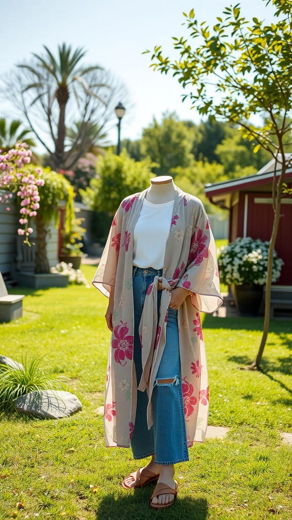 A mannequin wearing a floral kimono over a white t-shirt and jeans, set in a garden