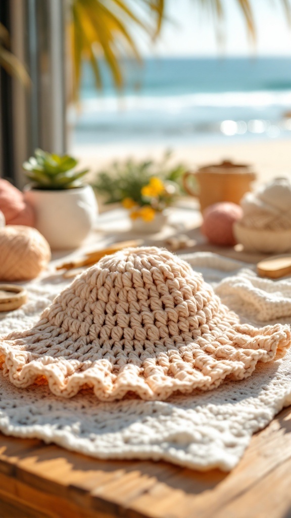 A lightweight crochet baby hat with a ruffled edge, placed on a lace cloth with a beach view in the background.