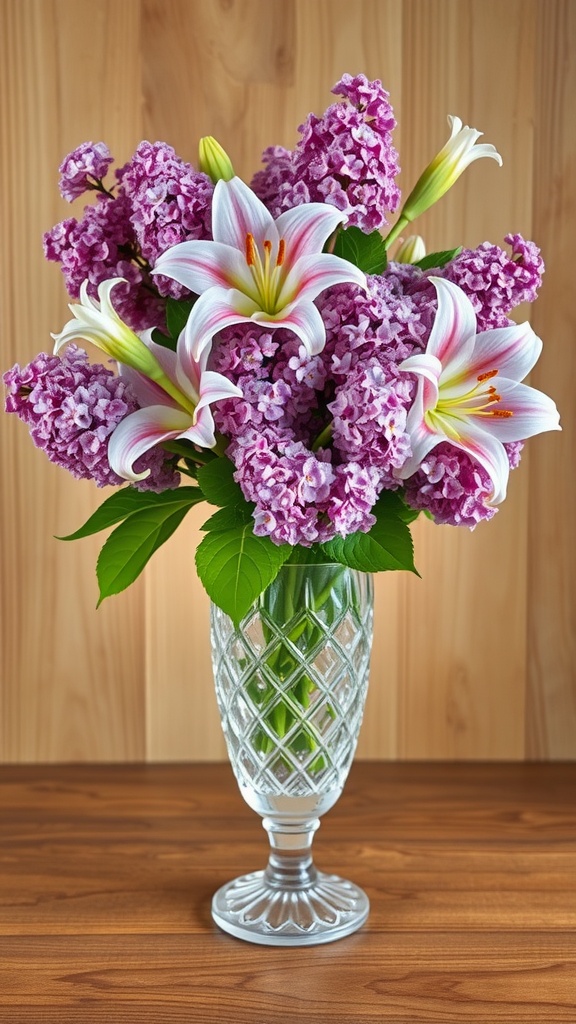 A bouquet of lilacs and white lilies in a decorative vase on a wooden table.