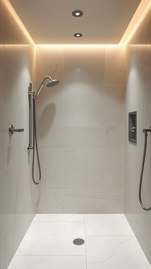 Modern shower with limestone tiles and sleek fixtures