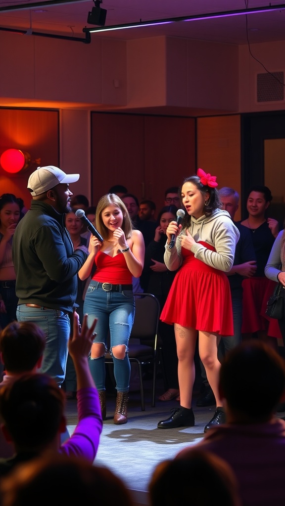 Two friends participating in a Lip Sync Battle competition on stage, entertaining an enthusiastic crowd.