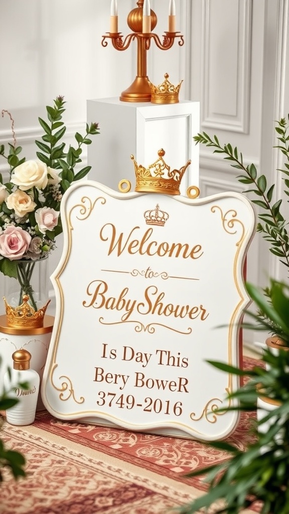 A beautifully designed baby shower welcome sign with a royal theme, surrounded by flowers and greenery.