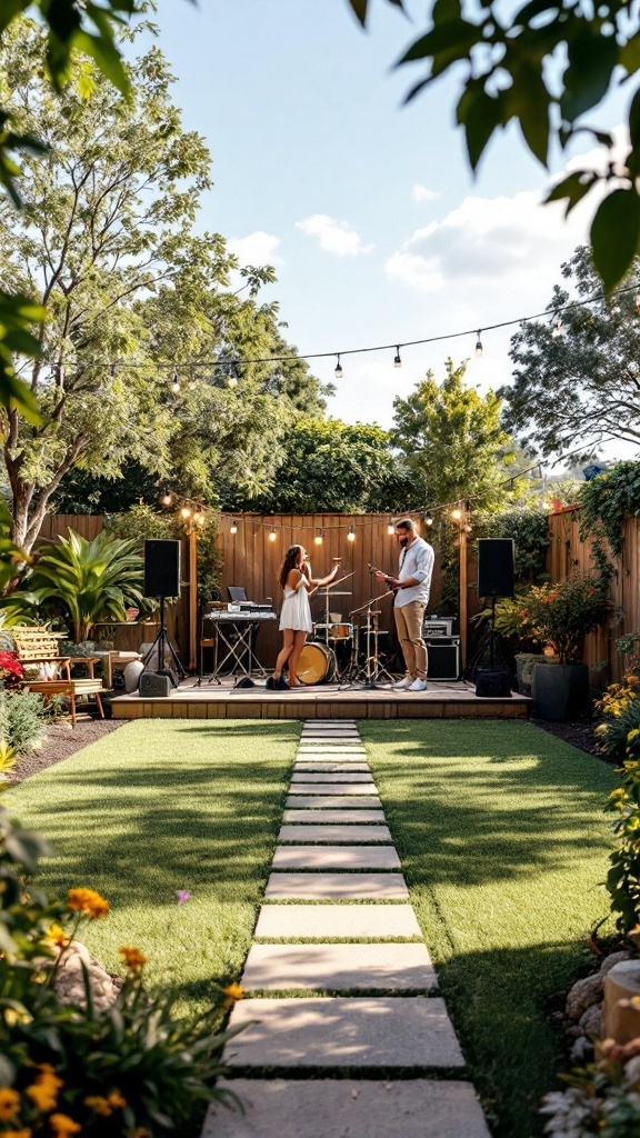 A couple preparing for a live music performance in a beautifully decorated backyard