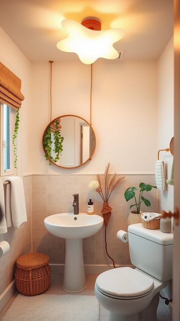 A kids' bathroom with a playful star-shaped lighting fixture, plants, and cozy decor.
