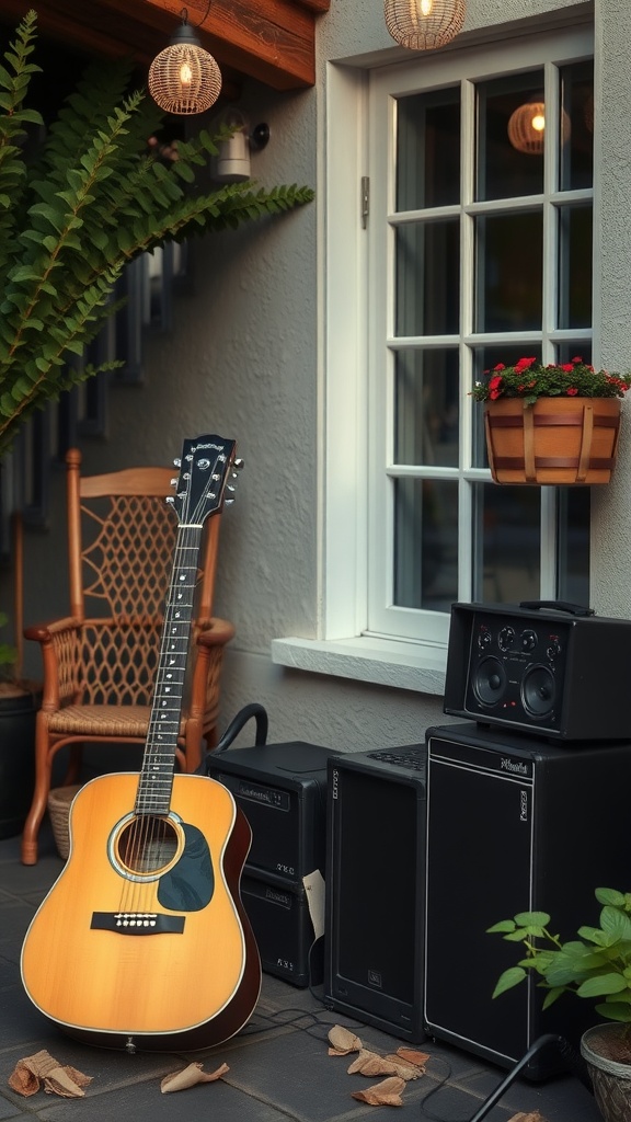 A cozy outdoor music setup with a guitar, speakers, and plants, perfect for a baby shower.