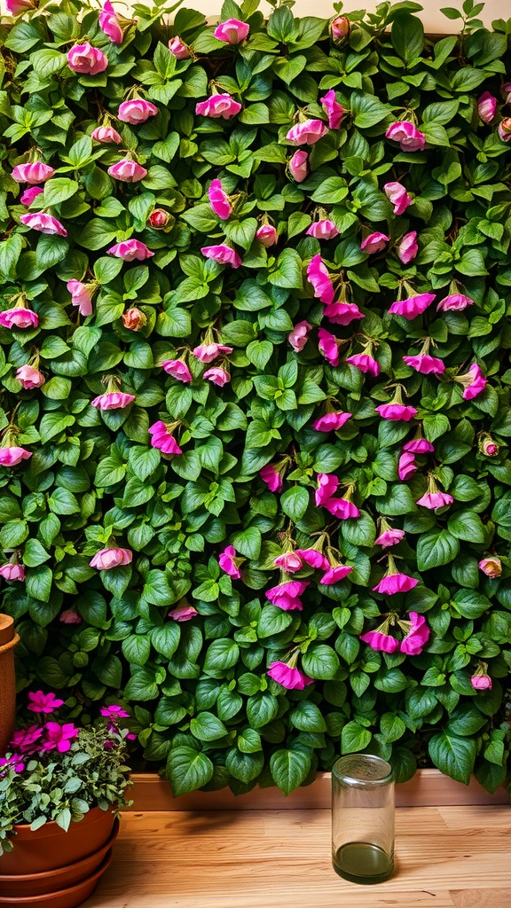 A vibrant living green wall featuring lush leaves and pink flowers.