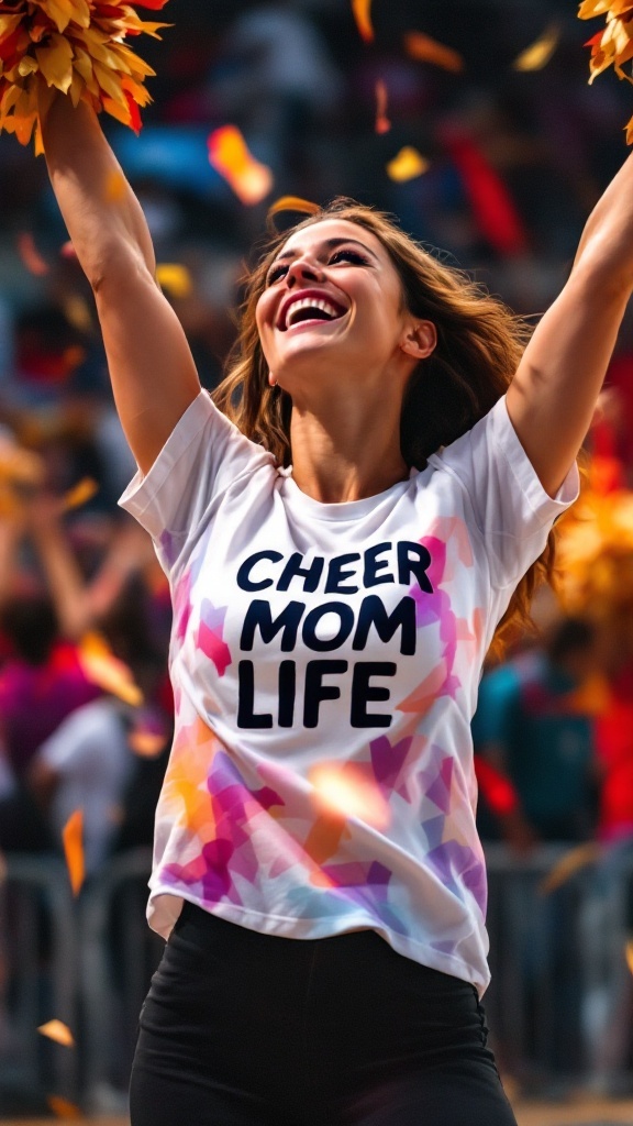 A cheerful woman wearing a 'Cheer Mom Life' t-shirt, holding pom-poms and celebrating at a game.