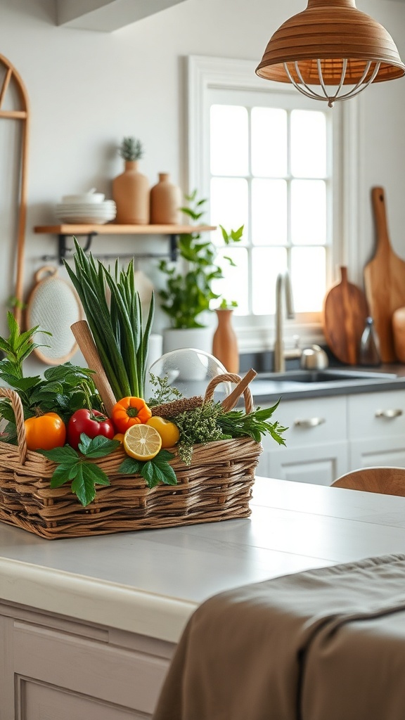 A basket filled with fresh vegetables and herbs on a kitchen counter.