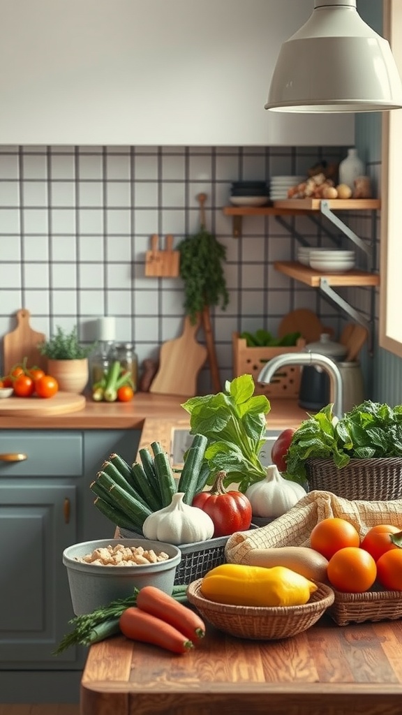 A bright kitchen with a variety of fresh vegetables and herbs arranged on a wooden countertop.