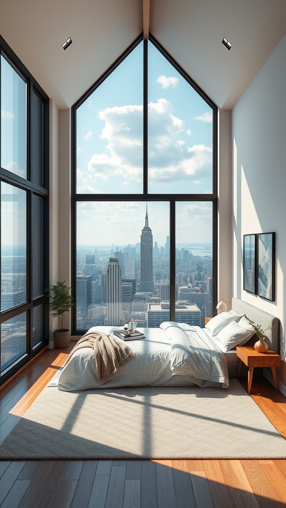 A modern loft bedroom with large windows showcasing a city view.
