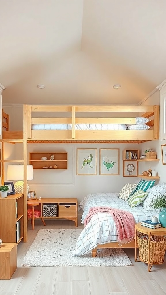 A cozy bedroom featuring a lofted bed with storage underneath, showcasing a warm wood finish and a well-organized space.