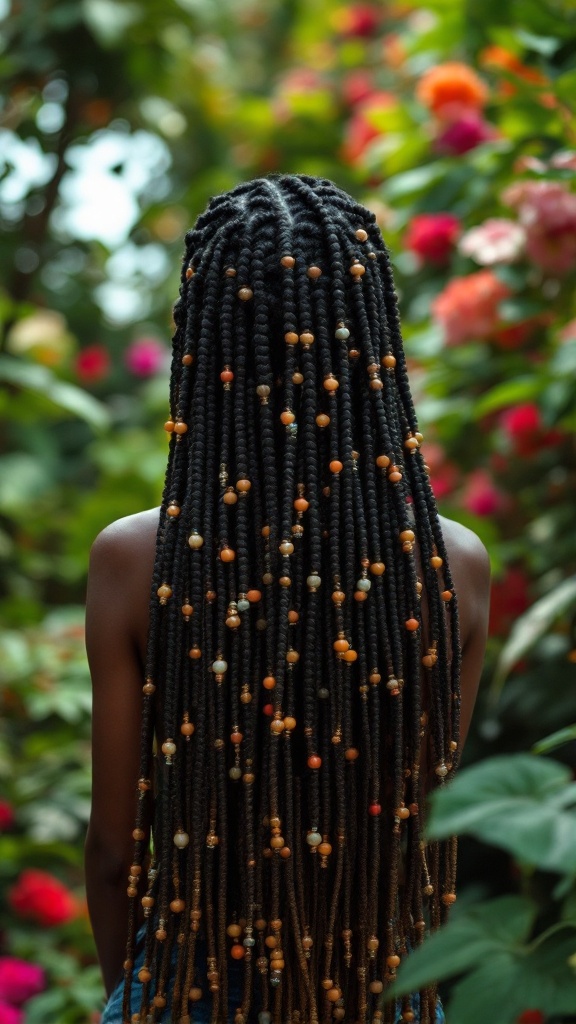 A woman with long box braids adorned with colorful beads, surrounded by vibrant flowers.