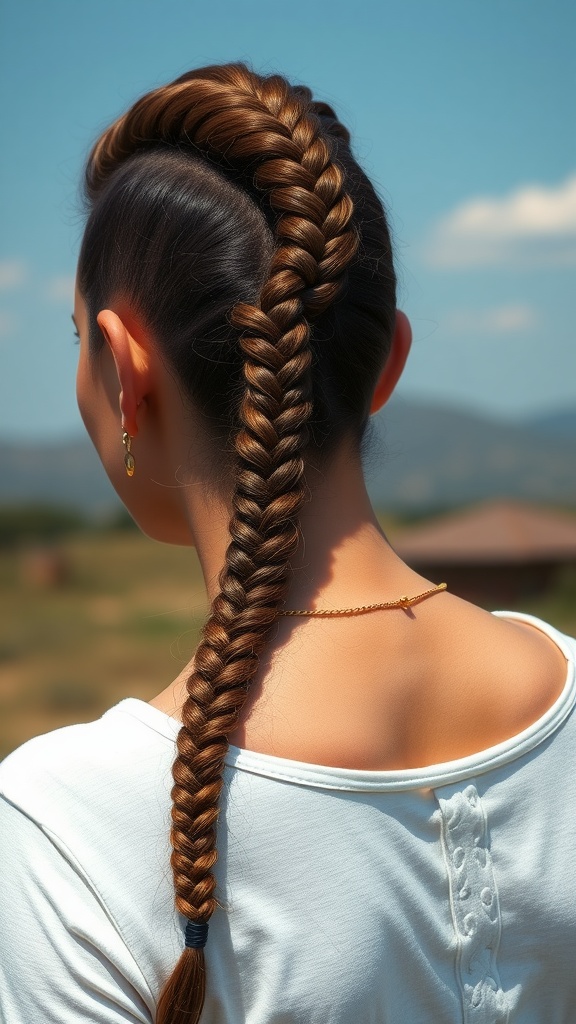 A woman with a long braided mohawk hairstyle, featuring a thick braid extending down her back against a scenic background.