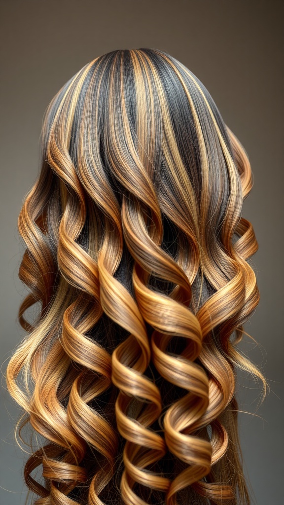 Long deep wave hairstyle with highlights in shades of brown and blonde.