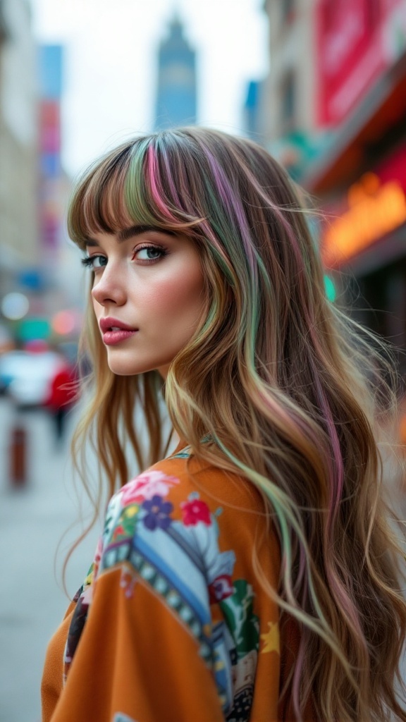 A young woman with long hair featuring a long fringe and colorful highlights, set against an urban backdrop.