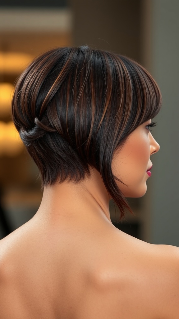 A woman with a long fringe and a short back hairstyle, showcasing a stylish blend of colors and texture.