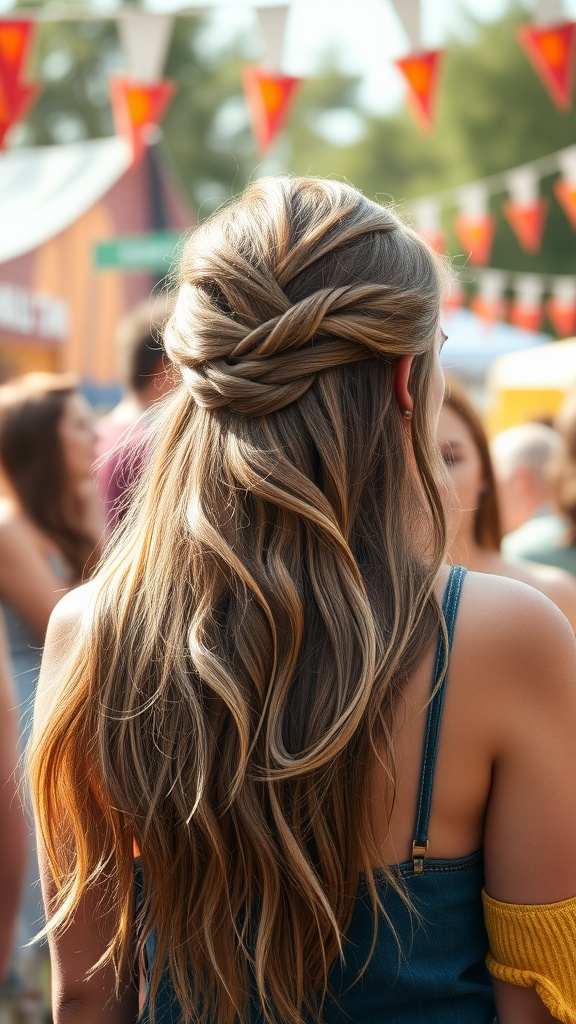 A woman with long, feathered hair styled with a braid, set in a vibrant outdoor festival atmosphere.