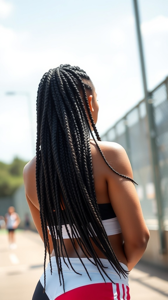 A person with long, chunky braids, seen from behind, wearing athletic clothing.