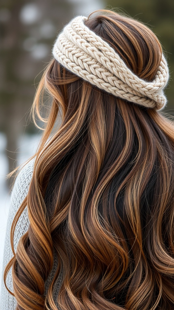 Long hair styled with a chunky knit headband, showcasing warm tones and beautiful waves
