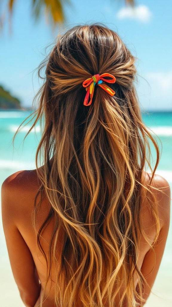 A person with long wavy hair styled with colorful hair ties, standing by the beach