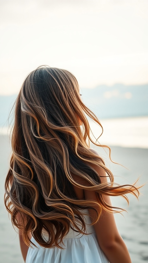 A woman with long, layered beach waves standing by the shore, with the wind gently tousling her hair.