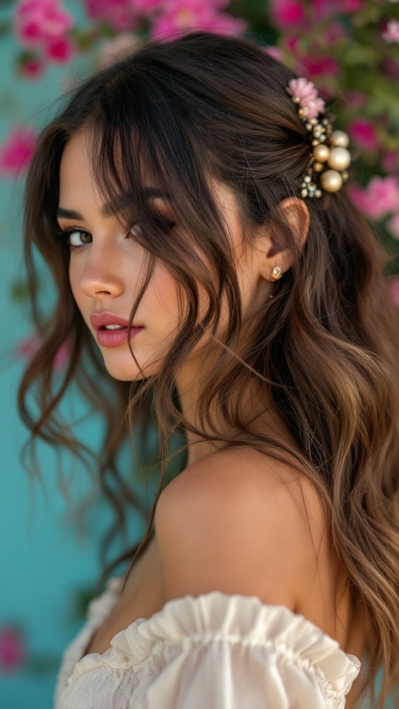 Model with long layered hair styled with a decorative hair accessory