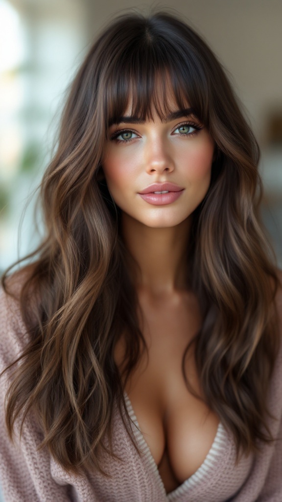 A woman with long layered hair and bangs, showcasing a stylish and elegant look.
