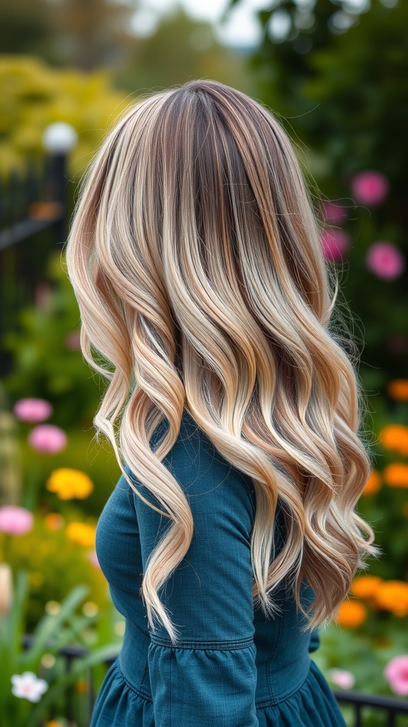 A woman with long layered hair styled in soft waves, featuring pastel highlights, standing in a garden with colorful flowers.