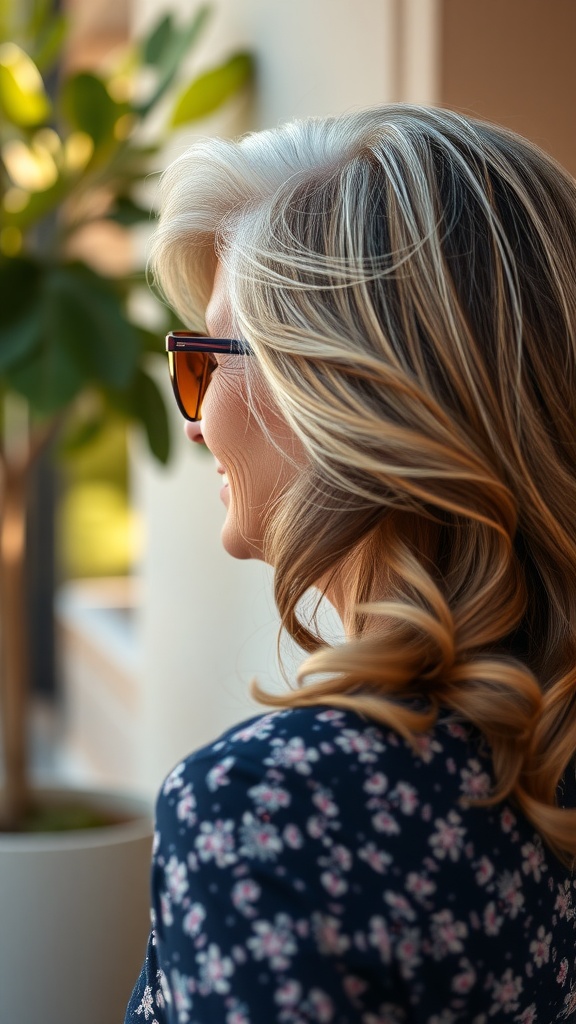 A woman with long layered hair styled in subtle waves, wearing sunglasses and a floral top, with a plant in the background.