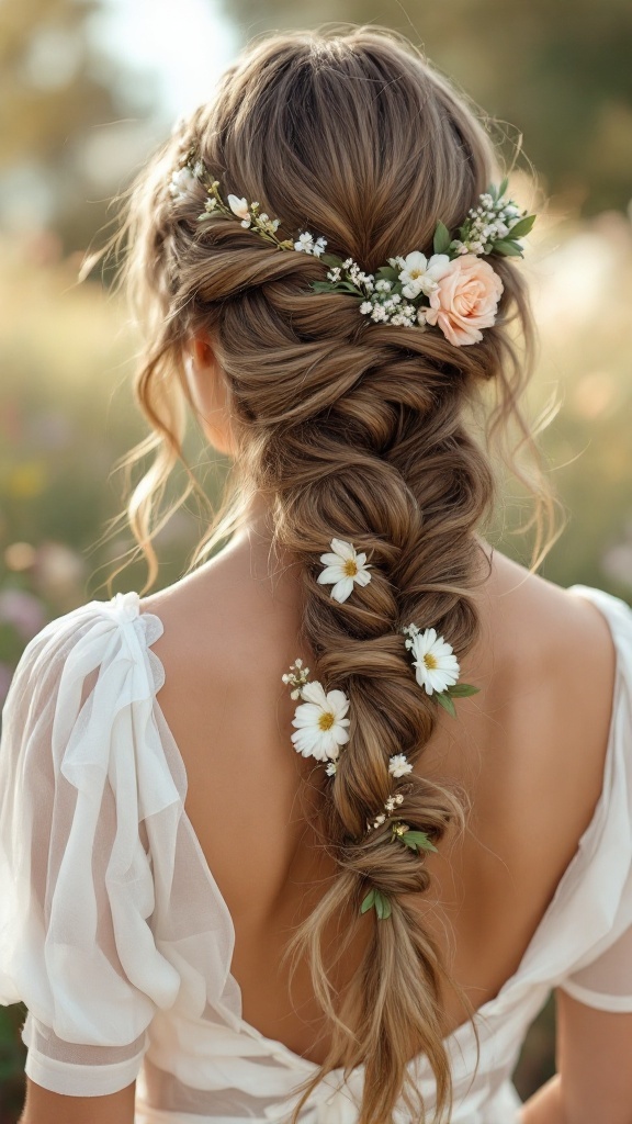A long loose braid with flowers, showcasing a romantic bridal hairstyle